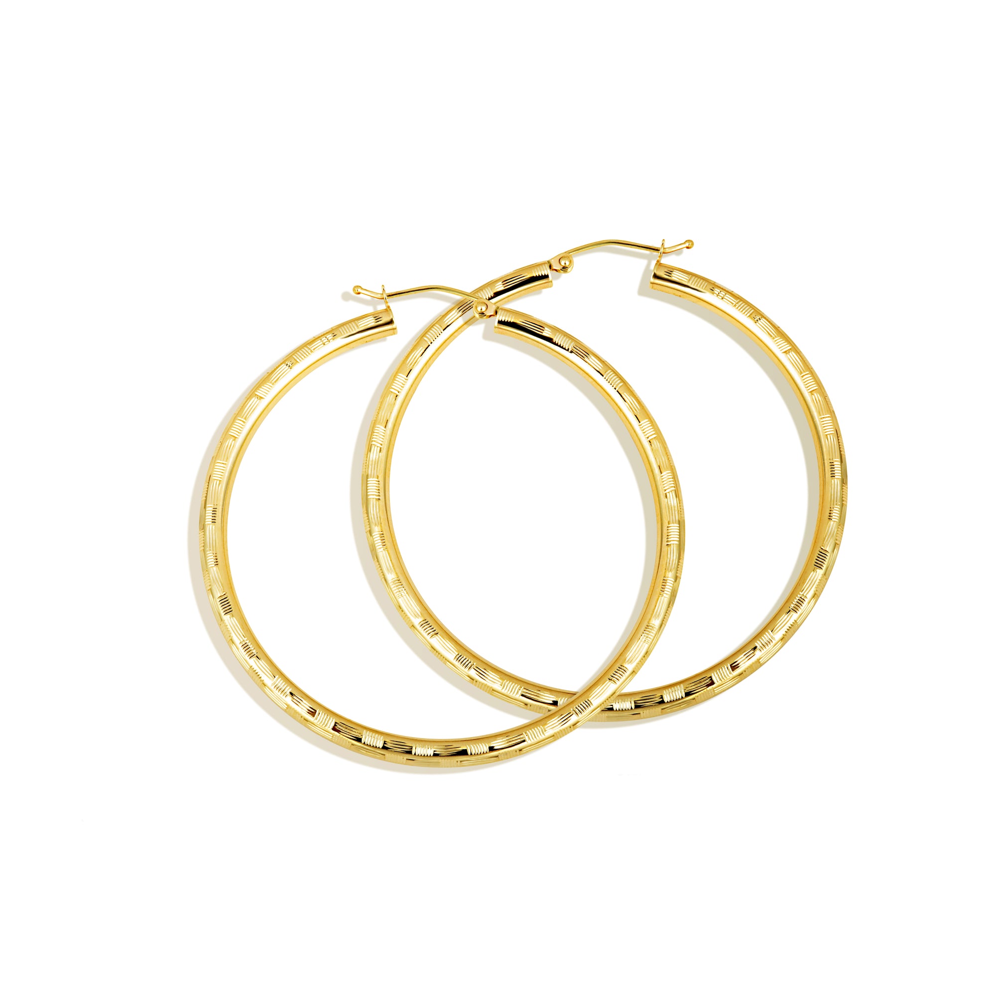 14K Yellow Gold Diamond Cut Striped Hoop Earrings, view 4
