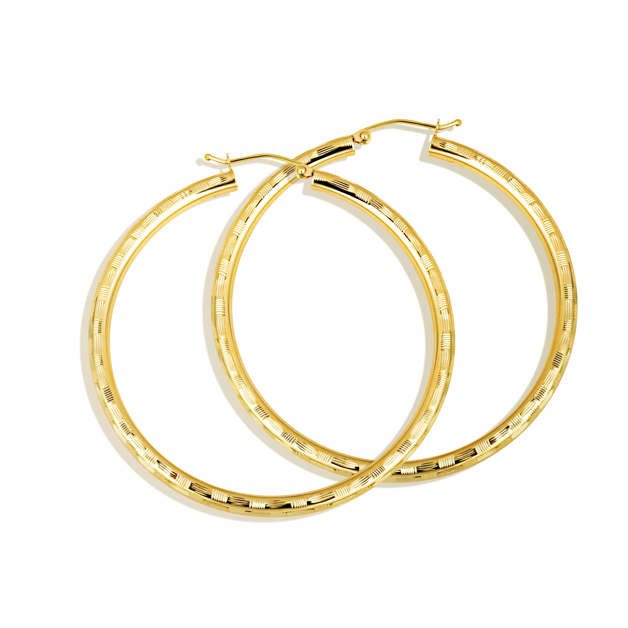 14K Yellow Gold Diamond Cut Striped Hoop Earrings, view 5