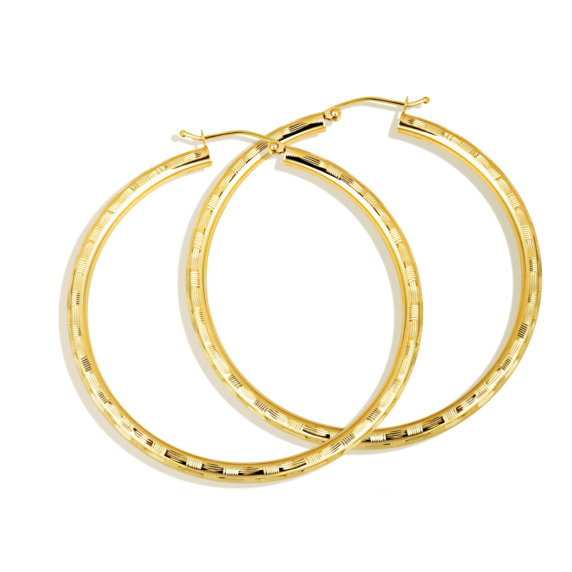 14K Yellow Gold Diamond Cut Striped Hoop Earrings, view 6