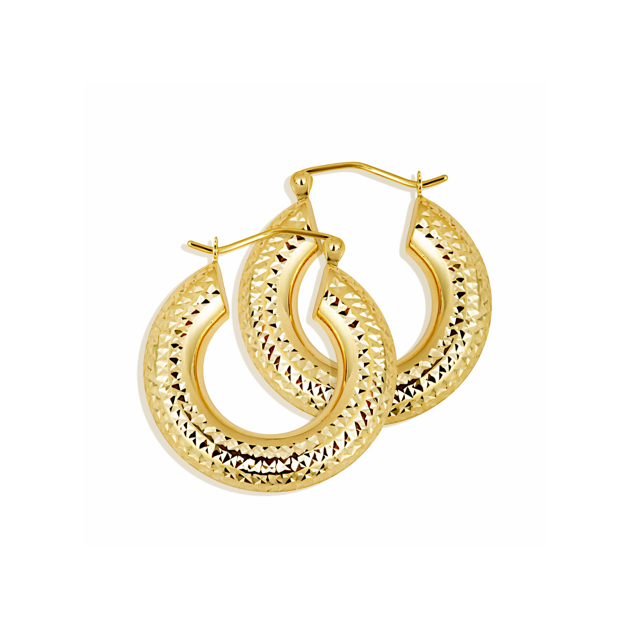 14K Yellow Gold Diamond Cut Textured Chunky Hoop Earrings
