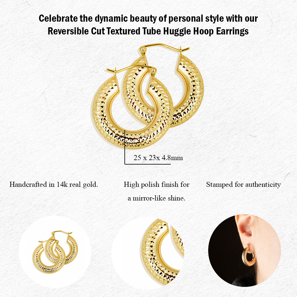 14K Yellow Gold Diamond Cut Textured Chunky Hoop Earrings, view 3