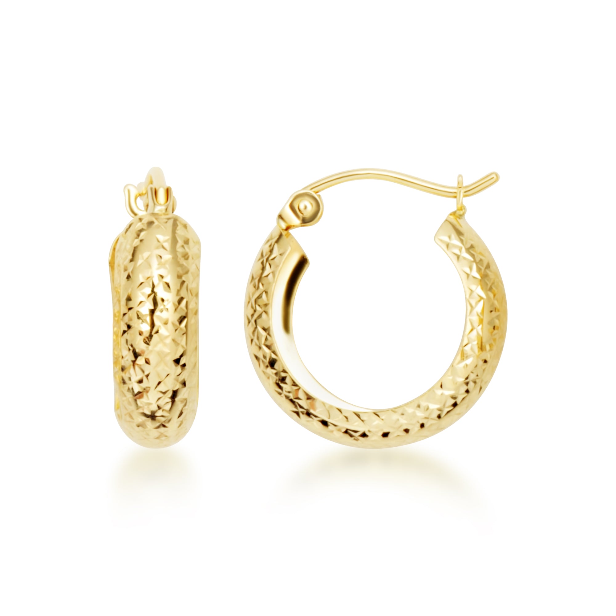 14K Yellow Gold Diamond Cut Textured Tube Huggie Hoop Earrings