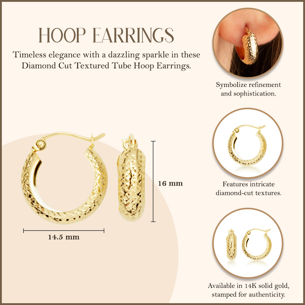 14K Yellow Gold Diamond Cut Textured Tube Huggie Hoop Earrings, view 3