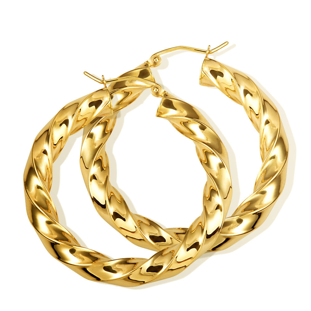 14K Yellow Gold Diamond Cut Twist Hoop Earrings 5.5 mm x 37 mm