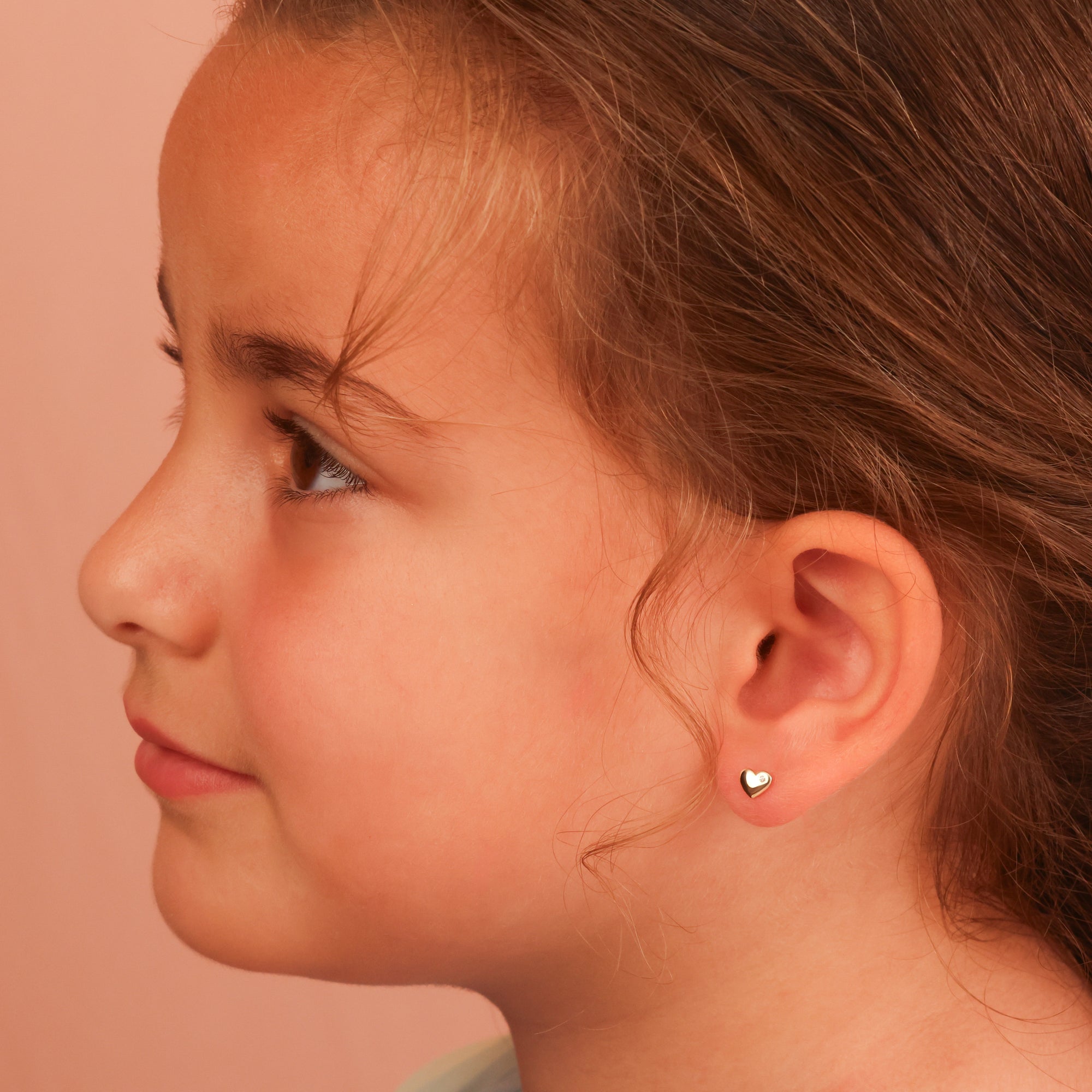 14K Yellow Gold Diamond Heart Baby Stud Earrings, view 2