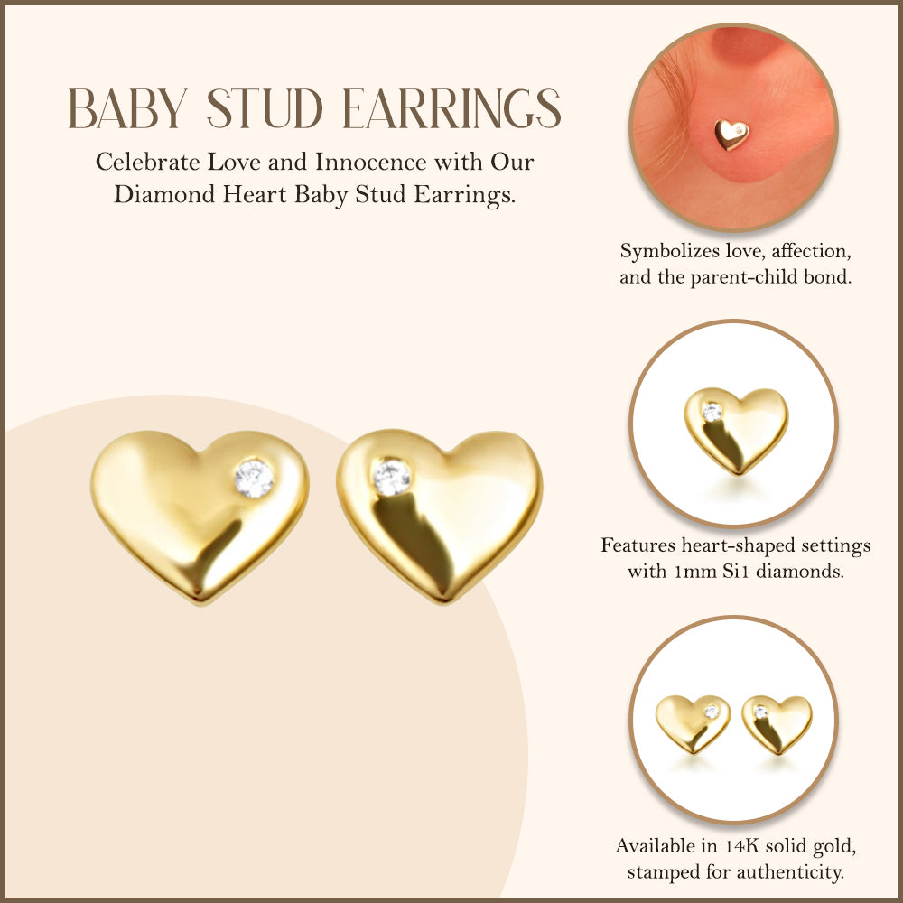 14K Yellow Gold Diamond Heart Baby Stud Earrings, view 3