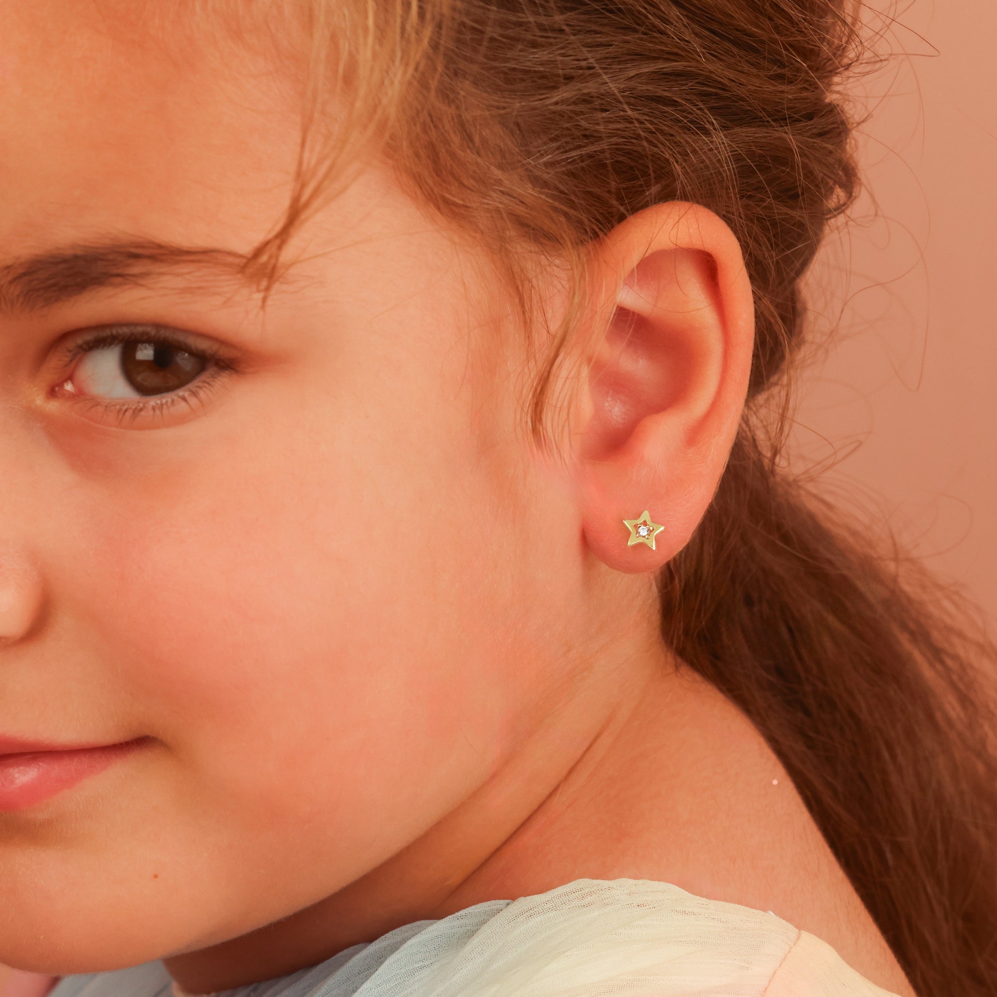 14K Yellow Gold Diamond Star Baby Stud Earrings, view 2