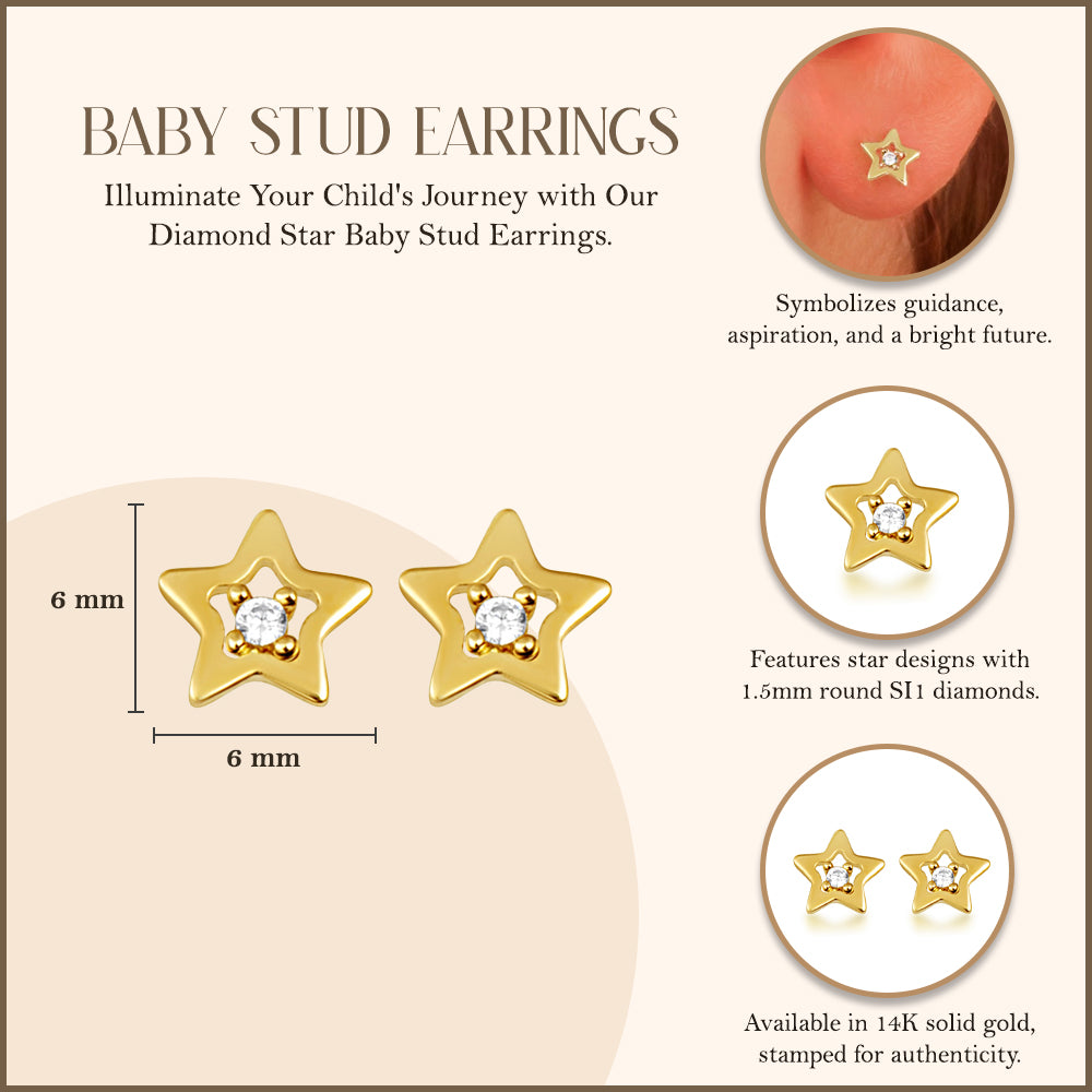 14K Yellow Gold Diamond Star Baby Stud Earrings, view 3