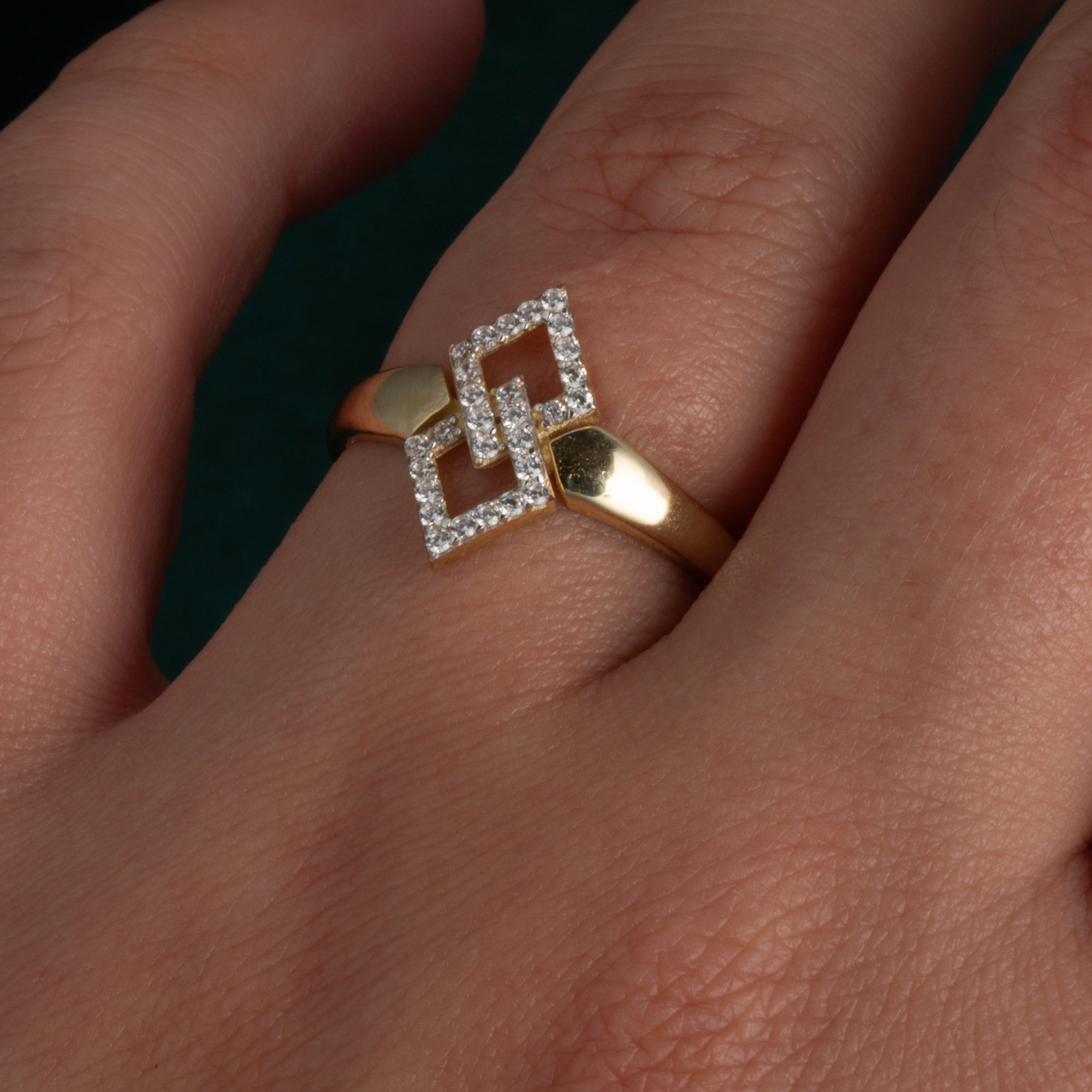 14K Yellow Gold Double Diamond Shape CZ Link Ring, view 2