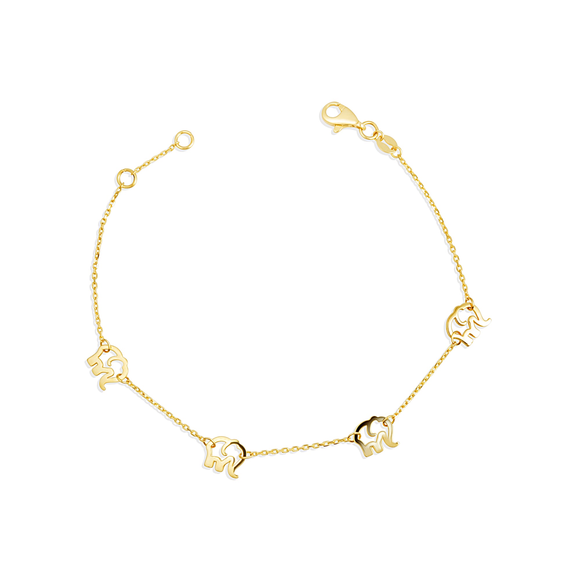 14K Yellow Gold Elephant Wildlife Charm Bracelet 7"