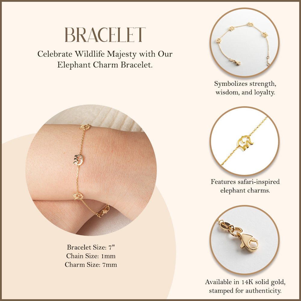 14K Yellow Gold Elephant Wildlife Charm Bracelet 7", view 3