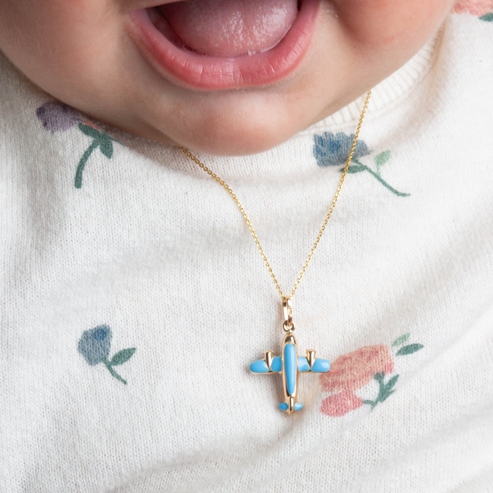 14K Yellow Gold Enamel Airplane Travel Baby Pendant Necklace, view 2