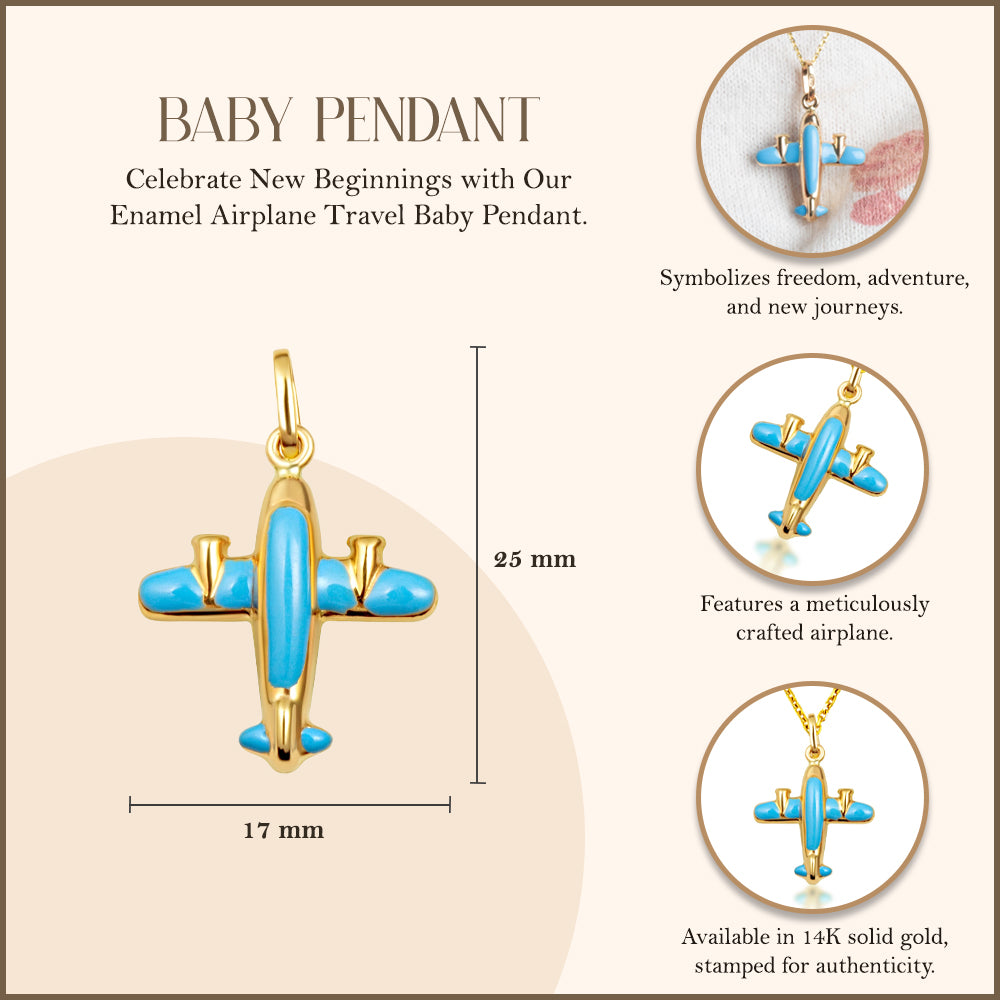 14K Yellow Gold Enamel Airplane Travel Baby Pendant Necklace, view 3