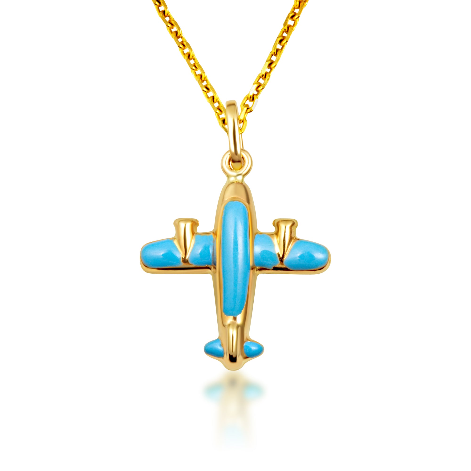 14K Yellow Gold Enamel Airplane Travel Baby Pendant Necklace, view 4