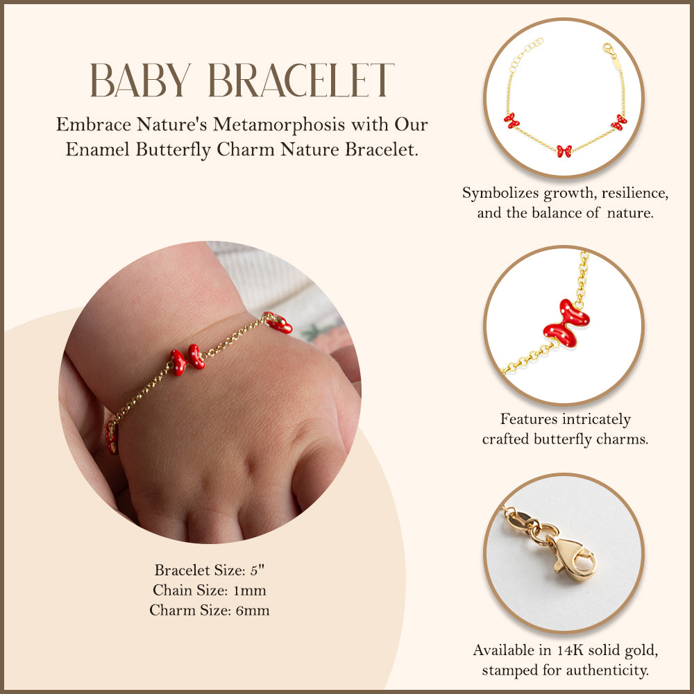 14K Yellow Gold Enamel Butterfly Charm Nature Baby Bracelet, view 3