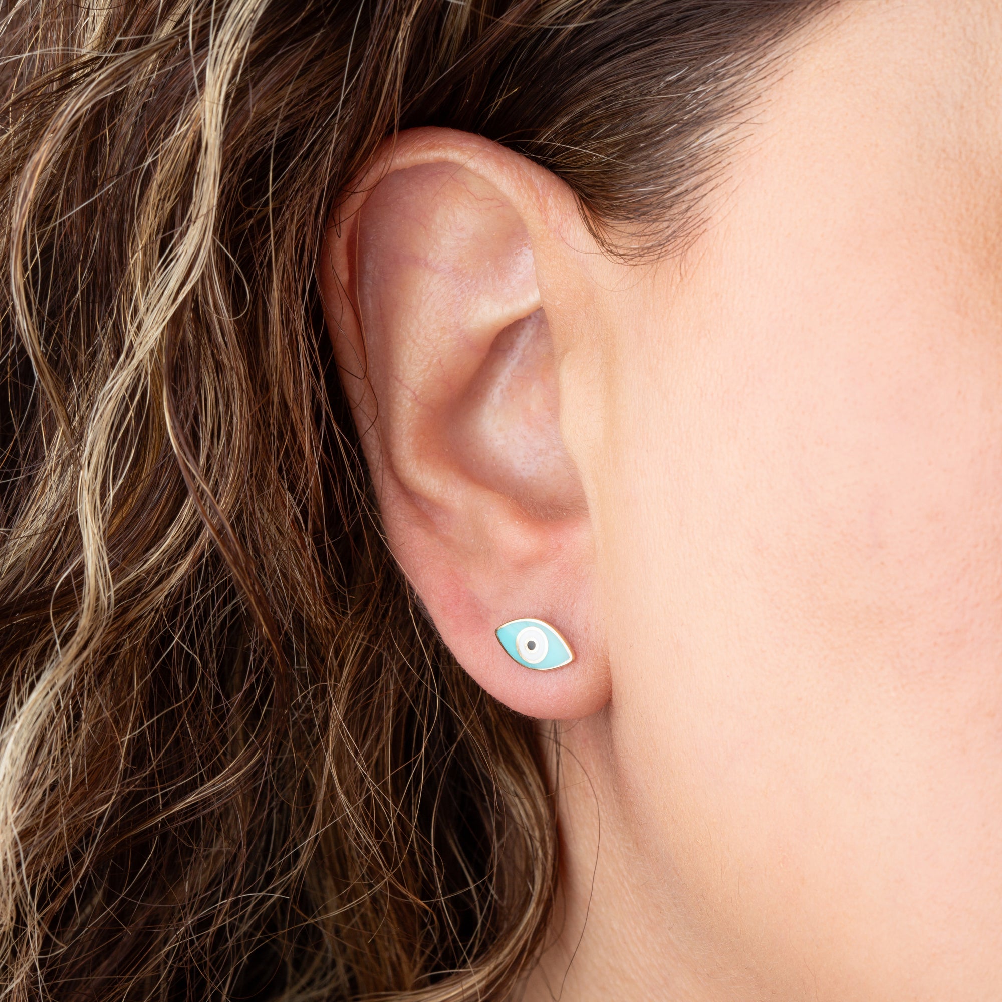 14K Yellow Gold Enamel Evil Eye Stud Earrings, view 2
