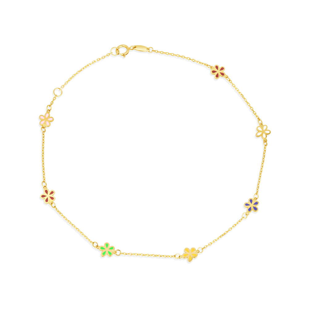Multicolor enamel flower anklet in solid 14K yellow gold, full view