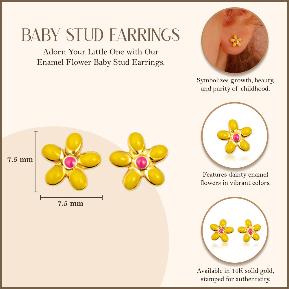 14K Yellow Gold Enamel Flower Baby Stud Earrings, view 3