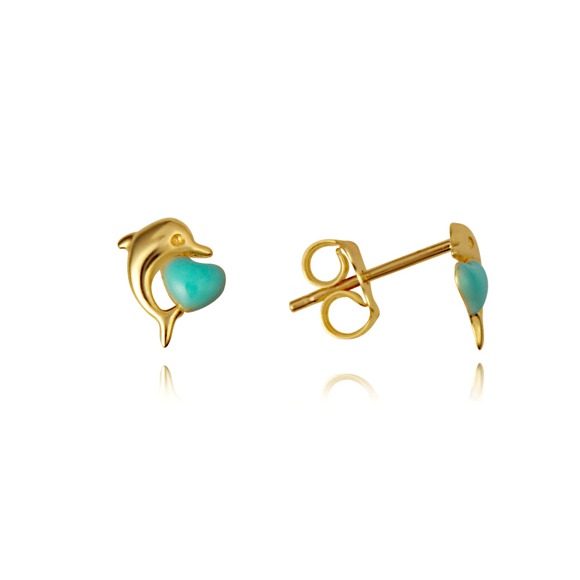 14K Yellow Gold Enamel Heart Dolphin Stud Earrings