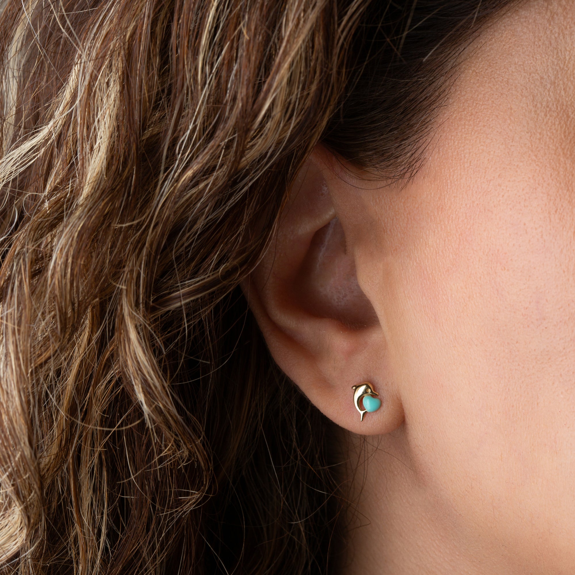 14K Yellow Gold Enamel Heart Dolphin Stud Earrings, view 2
