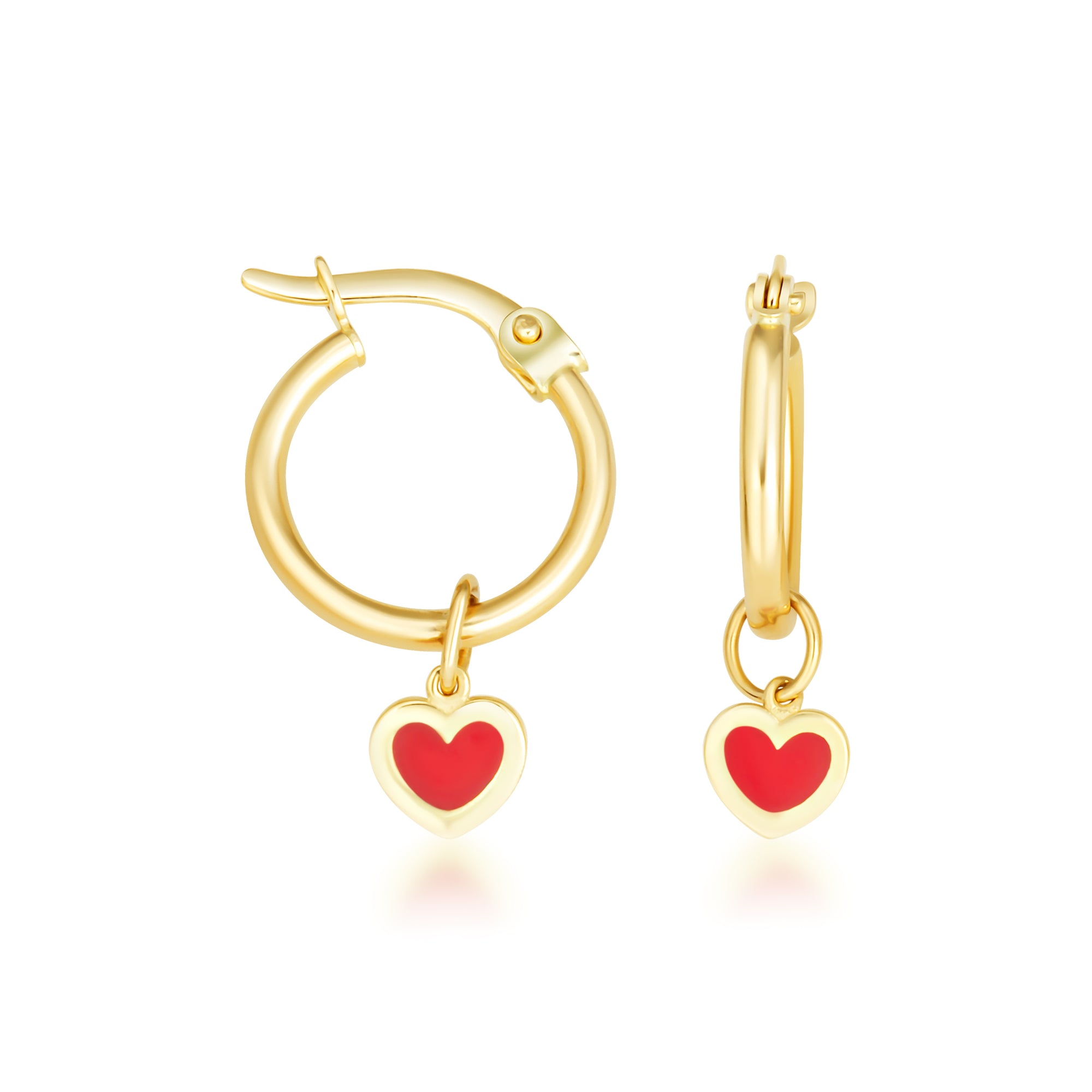14K Yellow Gold Enamel Heart Drop Huggie Hoop Earrings