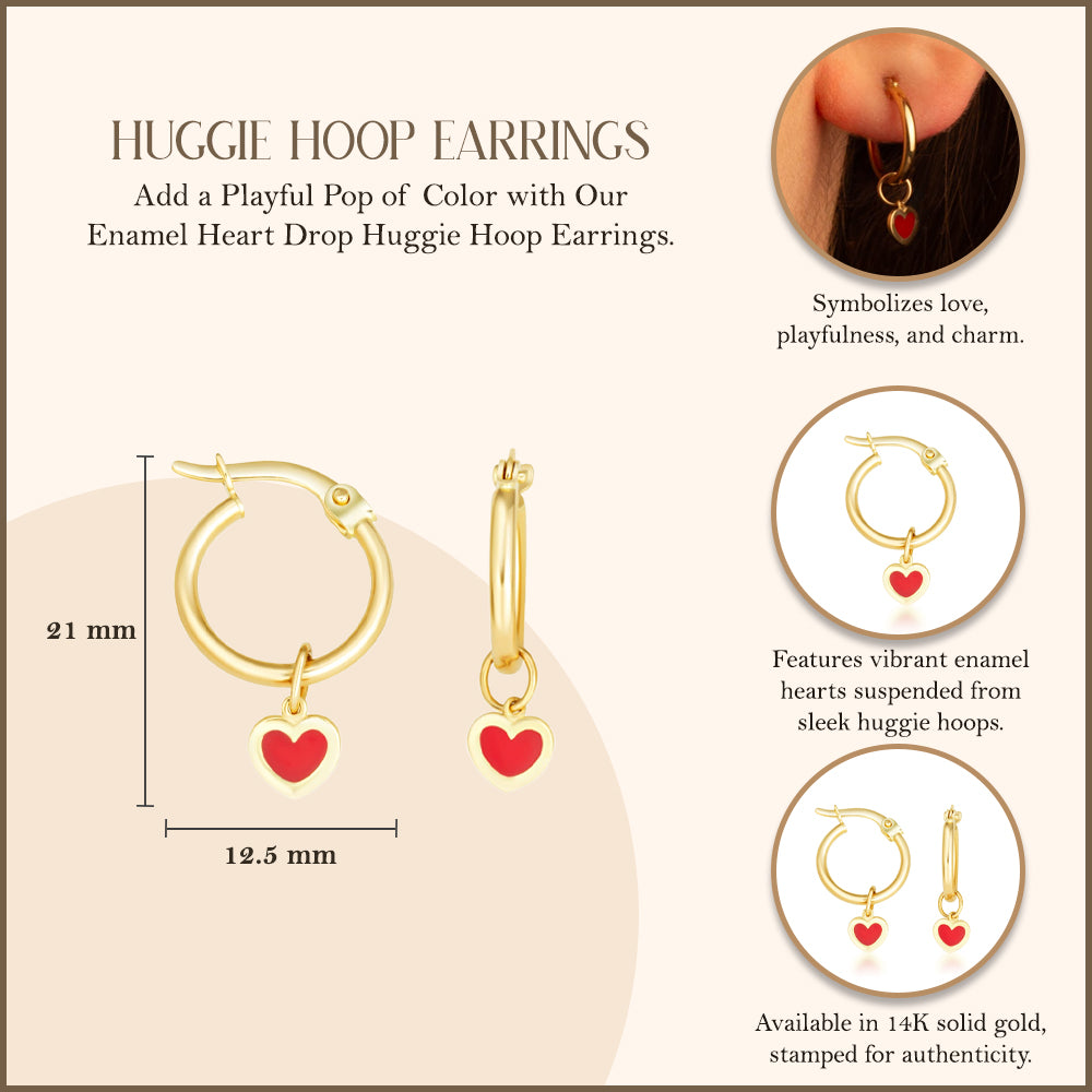 14K Yellow Gold Enamel Heart Drop Huggie Hoop Earrings, view 3