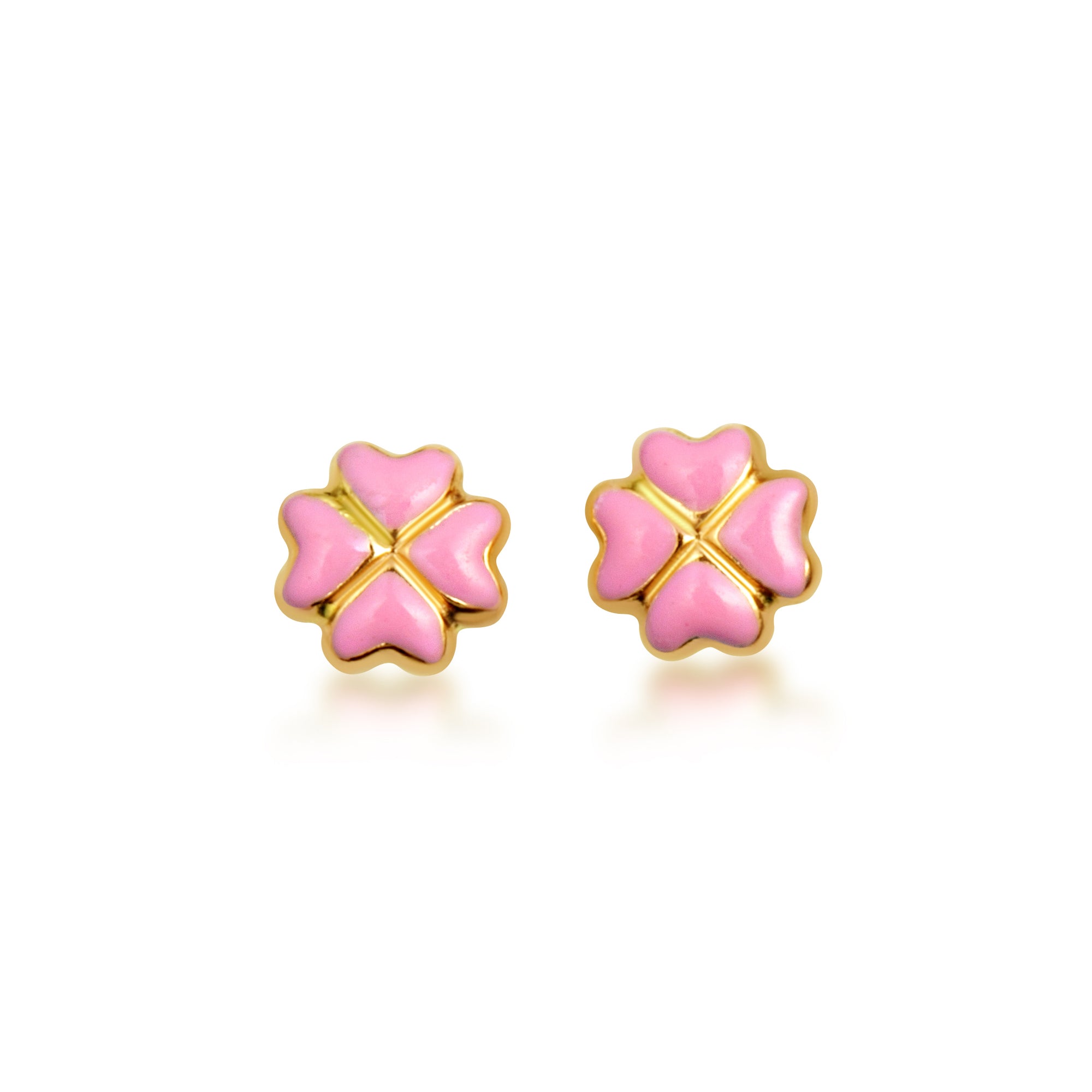 14K Yellow Gold Enamel Heart Flower Baby Stud Earrings