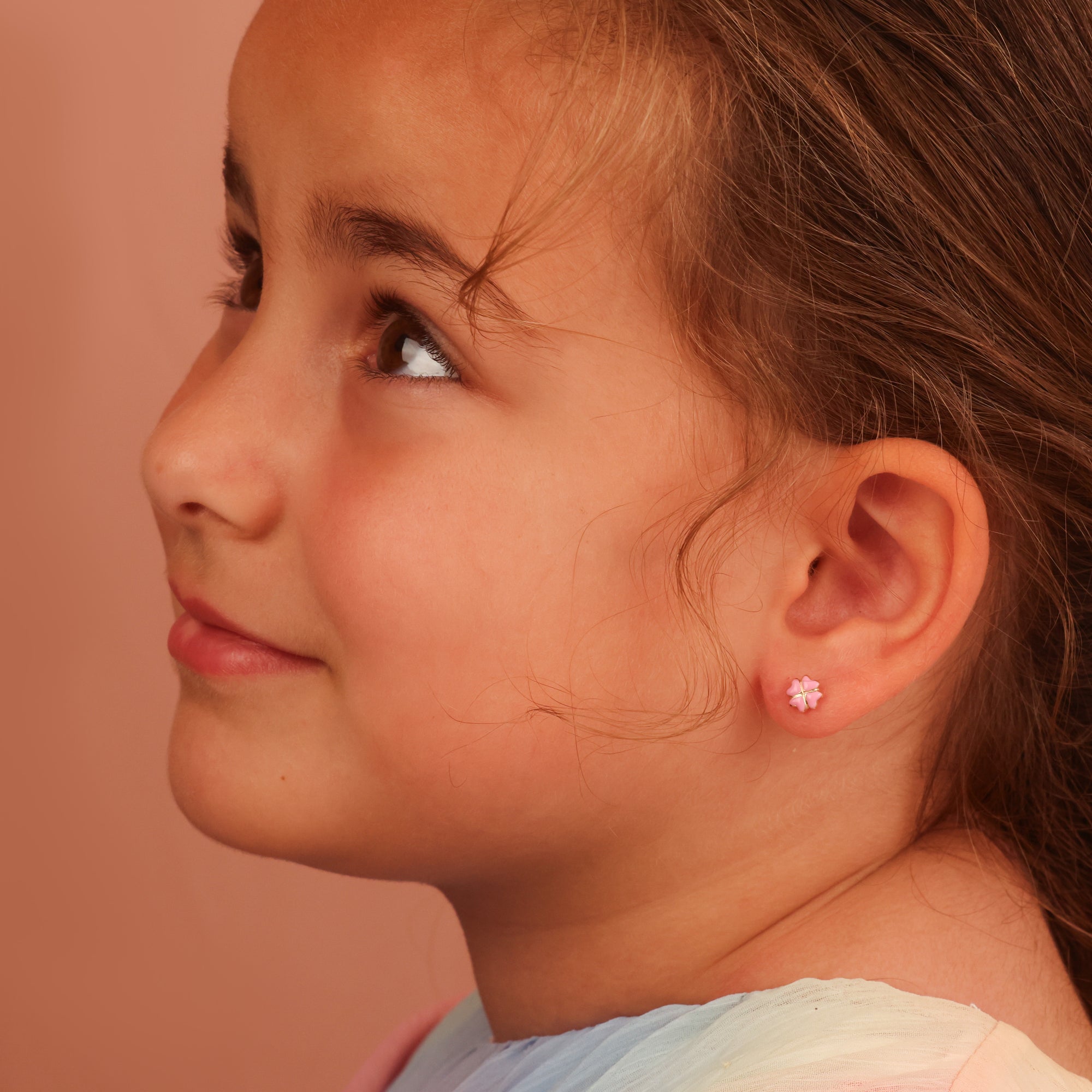 14K Yellow Gold Enamel Heart Flower Baby Stud Earrings, view 2