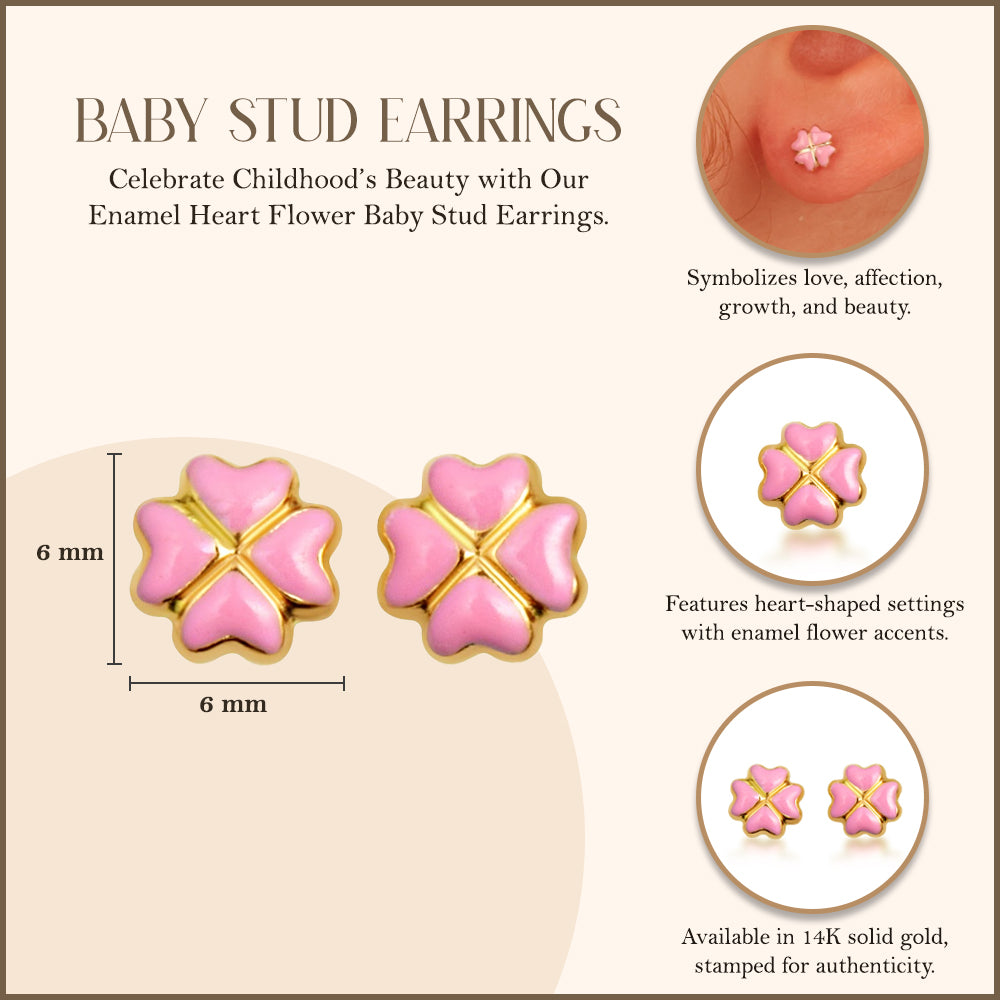 14K Yellow Gold Enamel Heart Flower Baby Stud Earrings, view 3