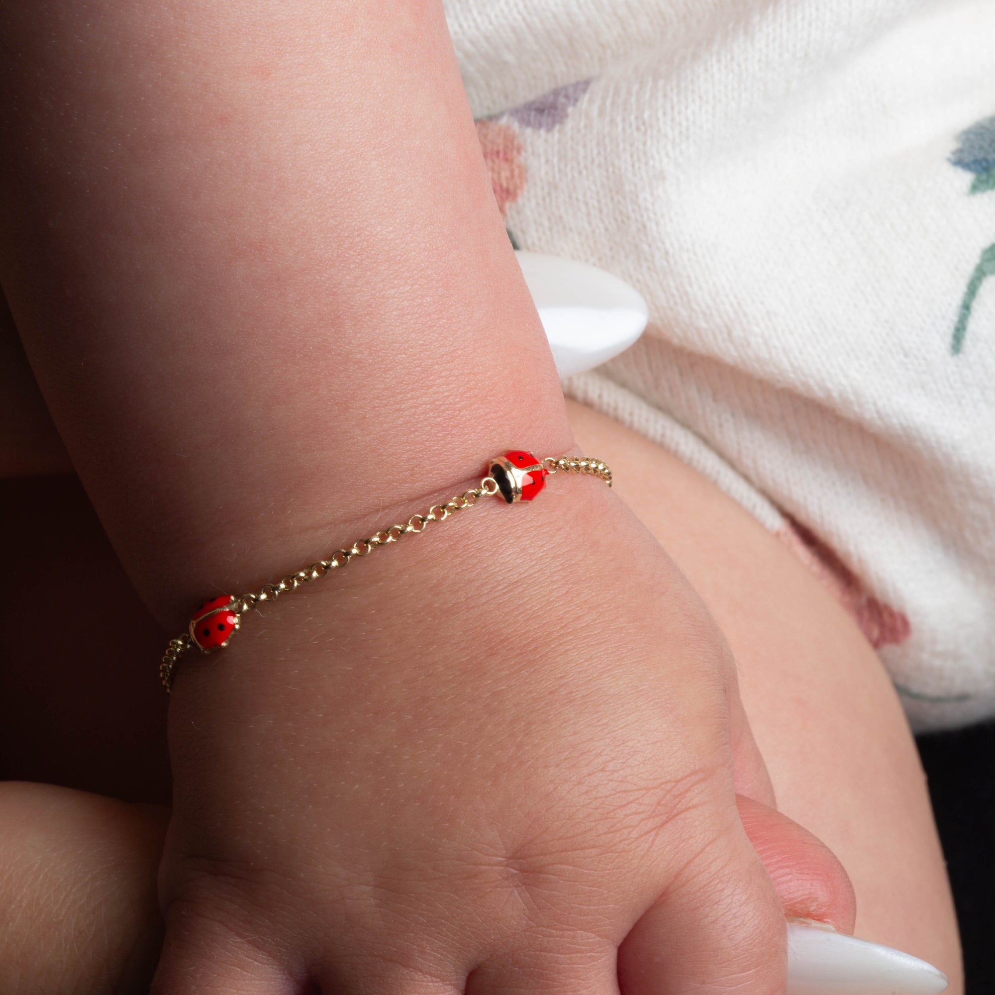 14K Yellow Gold Enamel Ladybug Nature Charm Baby Bracelet, view 2