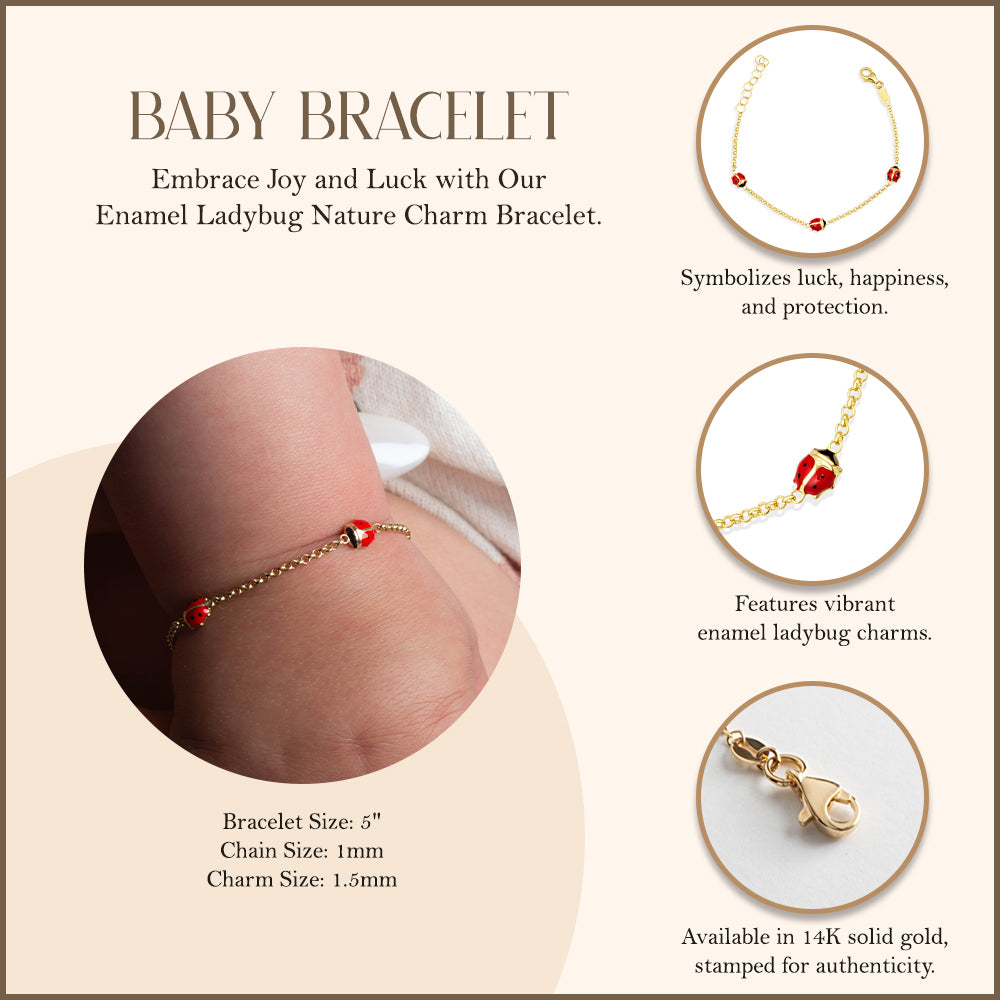 14K Yellow Gold Enamel Ladybug Nature Charm Baby Bracelet, view 3