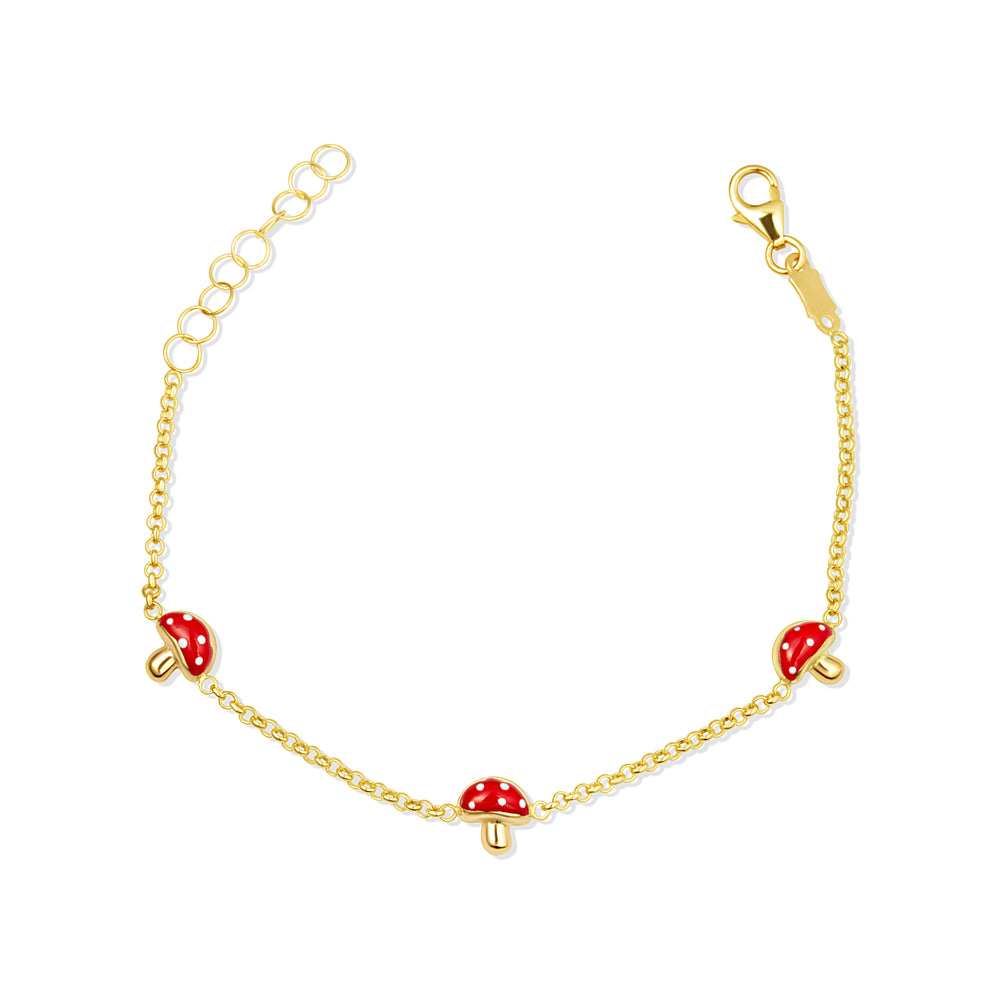 14K Yellow Gold Enamel Mushroom Nature Charm Baby Bracelet