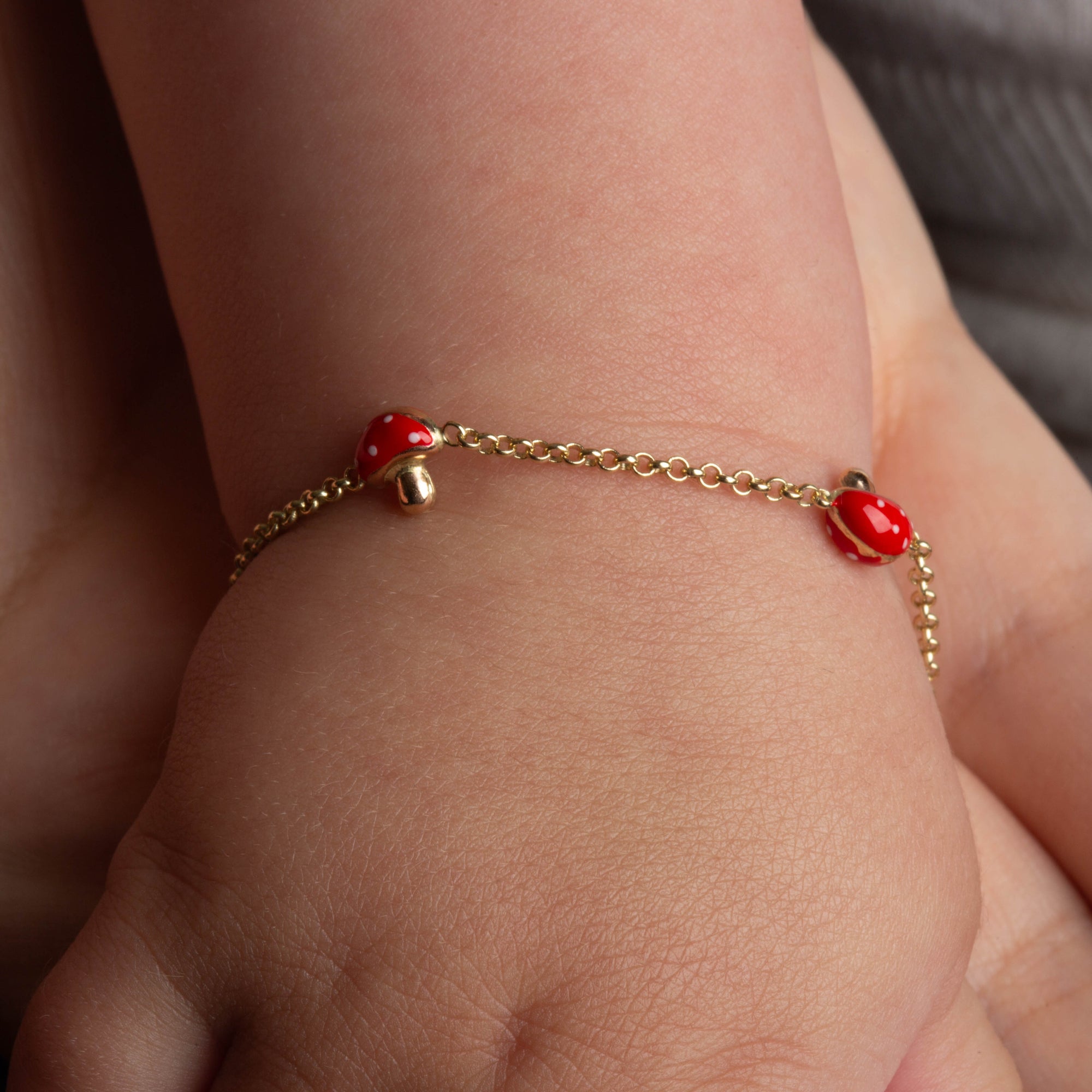 14K Yellow Gold Enamel Mushroom Nature Charm Baby Bracelet, view 2