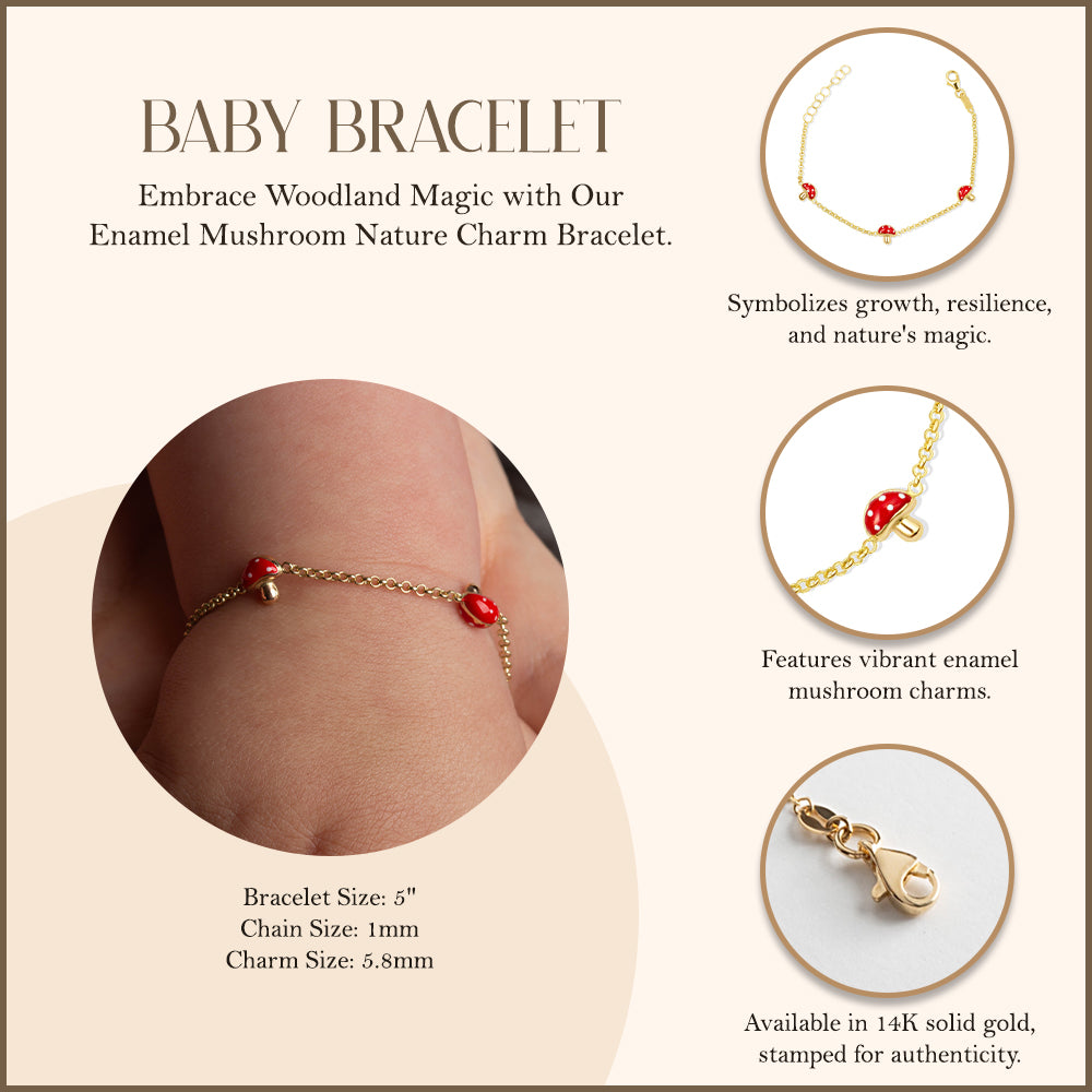14K Yellow Gold Enamel Mushroom Nature Charm Baby Bracelet, view 3