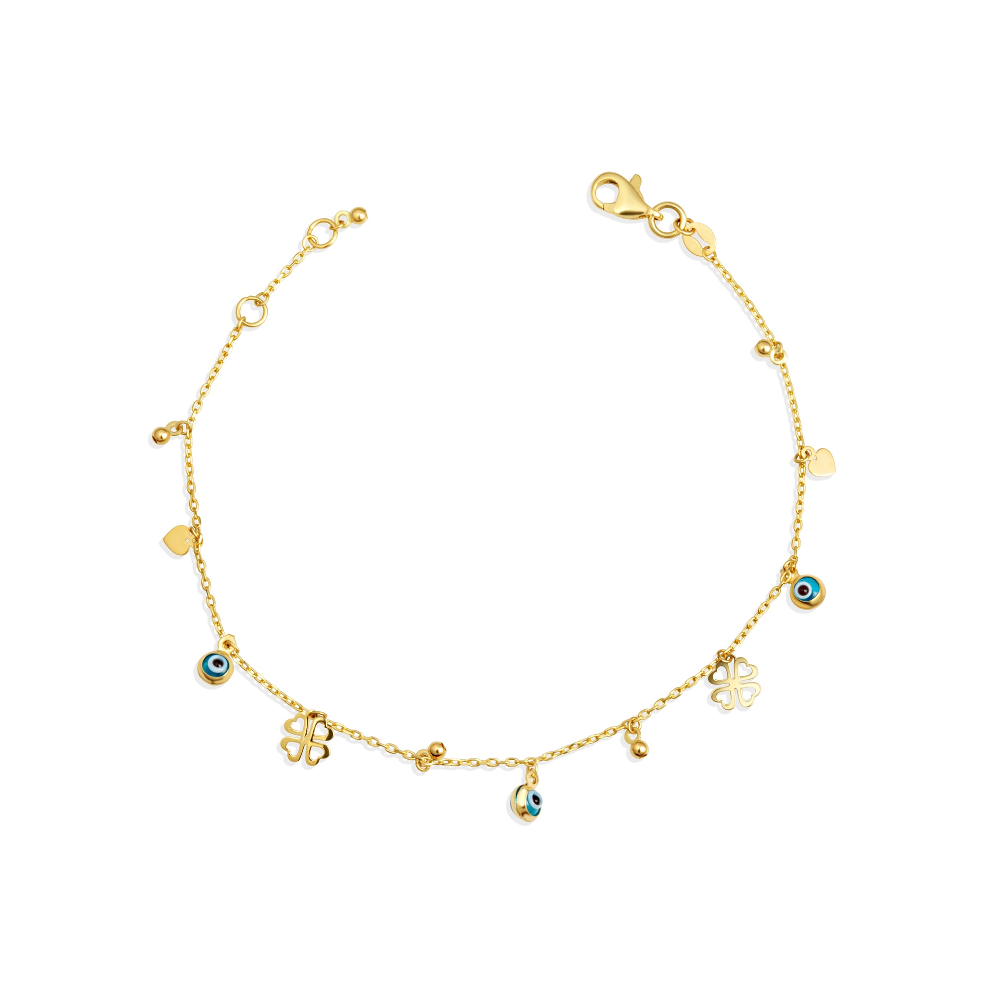 14K Yellow Gold Evil Eye 4 Leaf Clover Lucky Charm Bracelet 7"