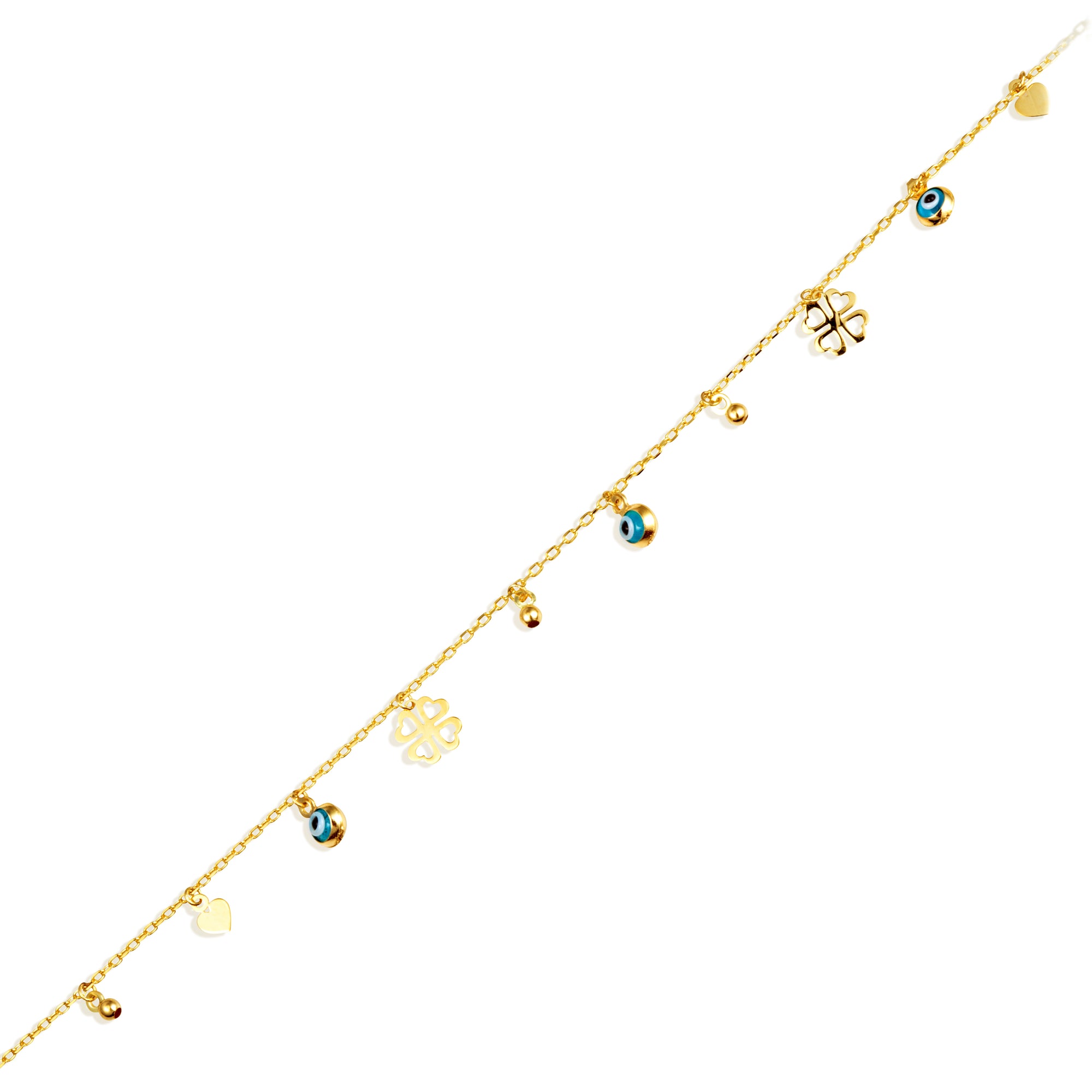14K Yellow Gold Evil Eye 4 Leaf Clover Lucky Charm Bracelet 7", view 4