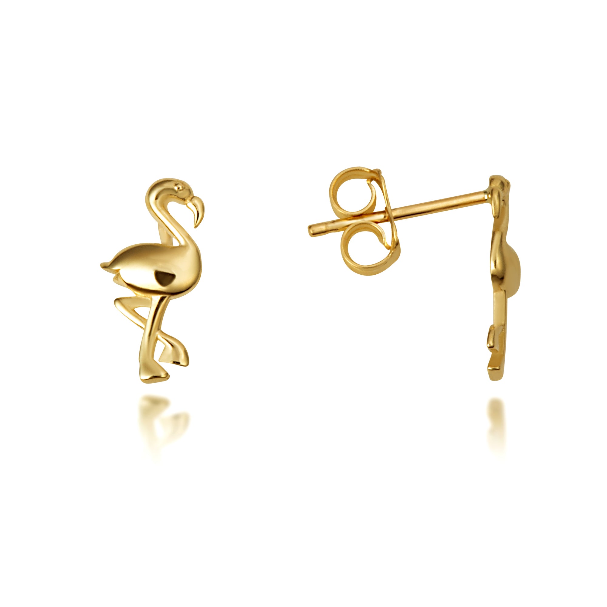 14K Yellow Gold Flamingo Bird Stud Earrings