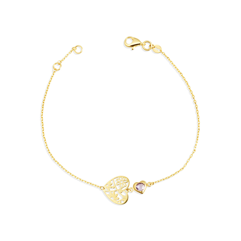 14K Yellow Gold Flower Heart Genuine Amethyst Gemstone Bracelet 7"