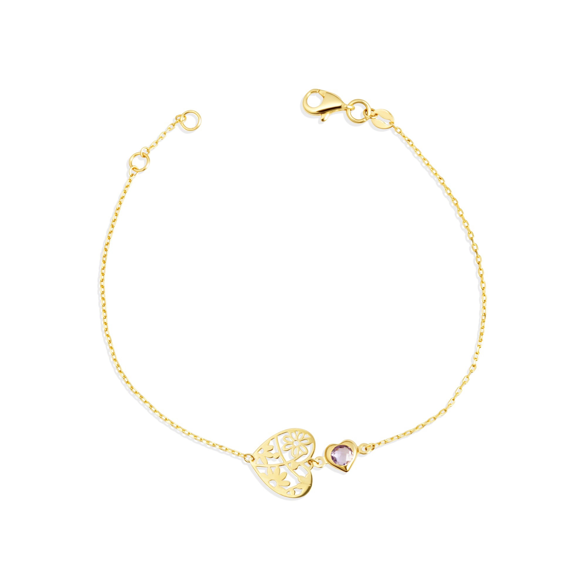 14K Yellow Gold Flower Heart Genuine Amethyst Gemstone Bracelet 7"