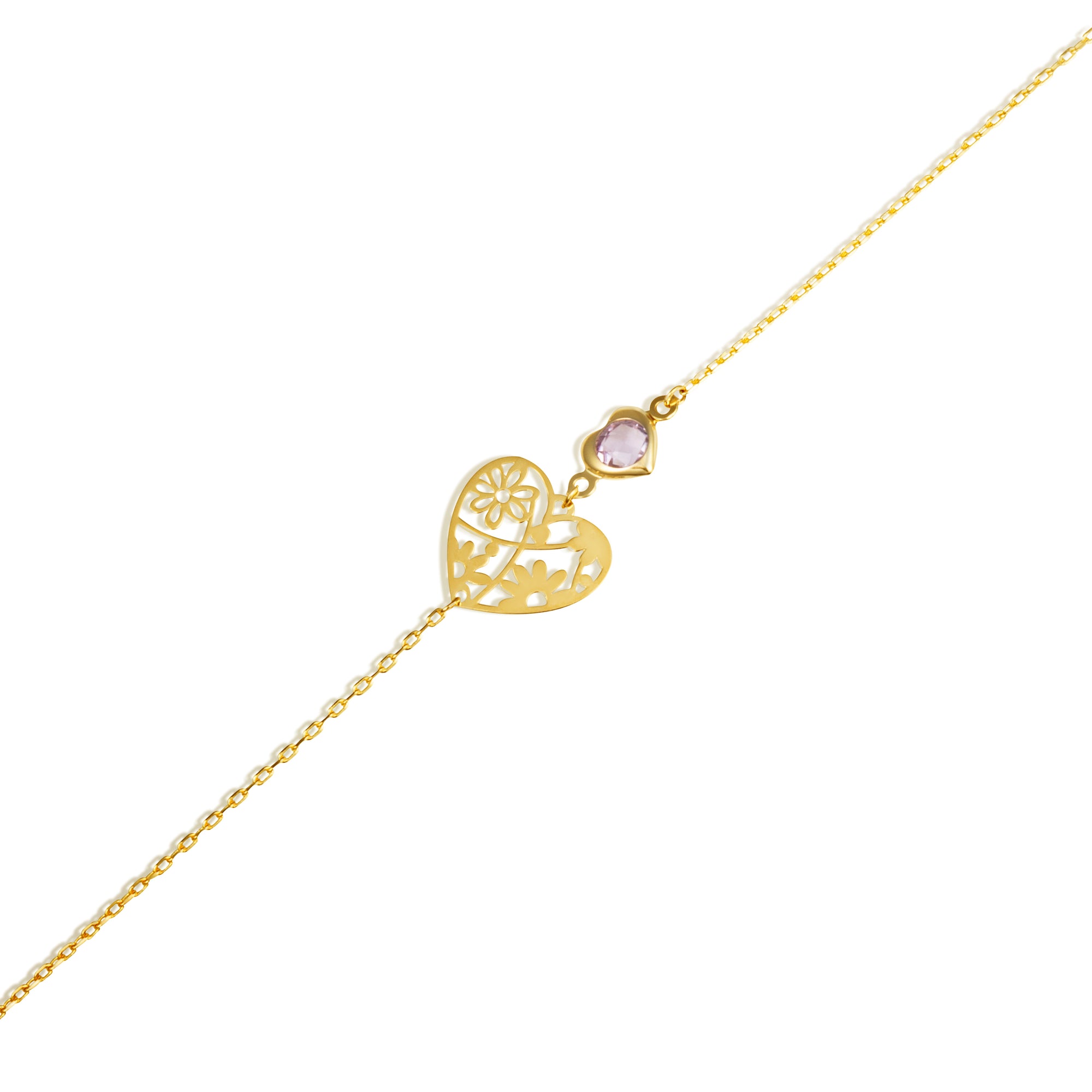 14K Yellow Gold Flower Heart Genuine Amethyst Gemstone Bracelet 7", view 4