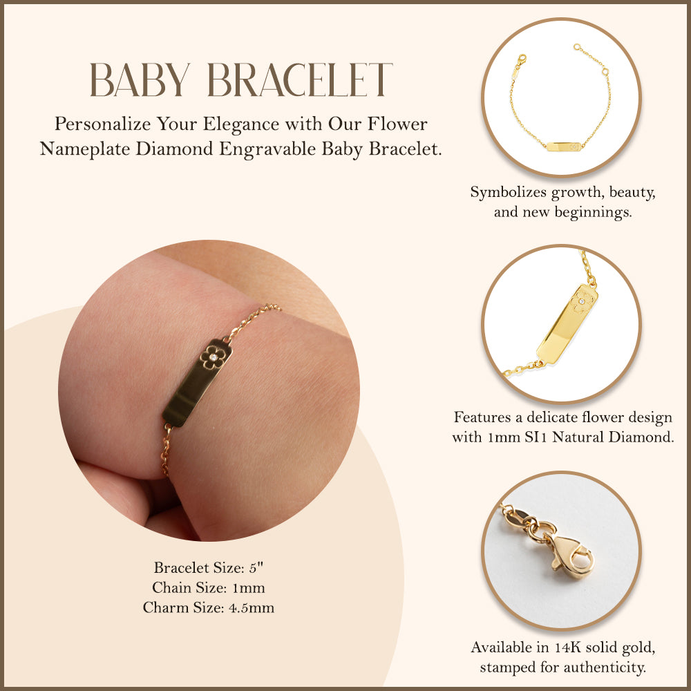 14K Yellow Gold Flower Nameplate Diamond Engravable Baby Bracelet, view 3