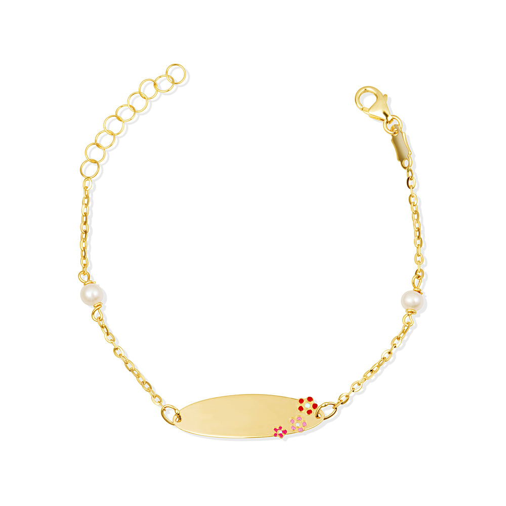 14K Yellow Gold Flower Nameplate Pearl Engravable Baby Bracelet