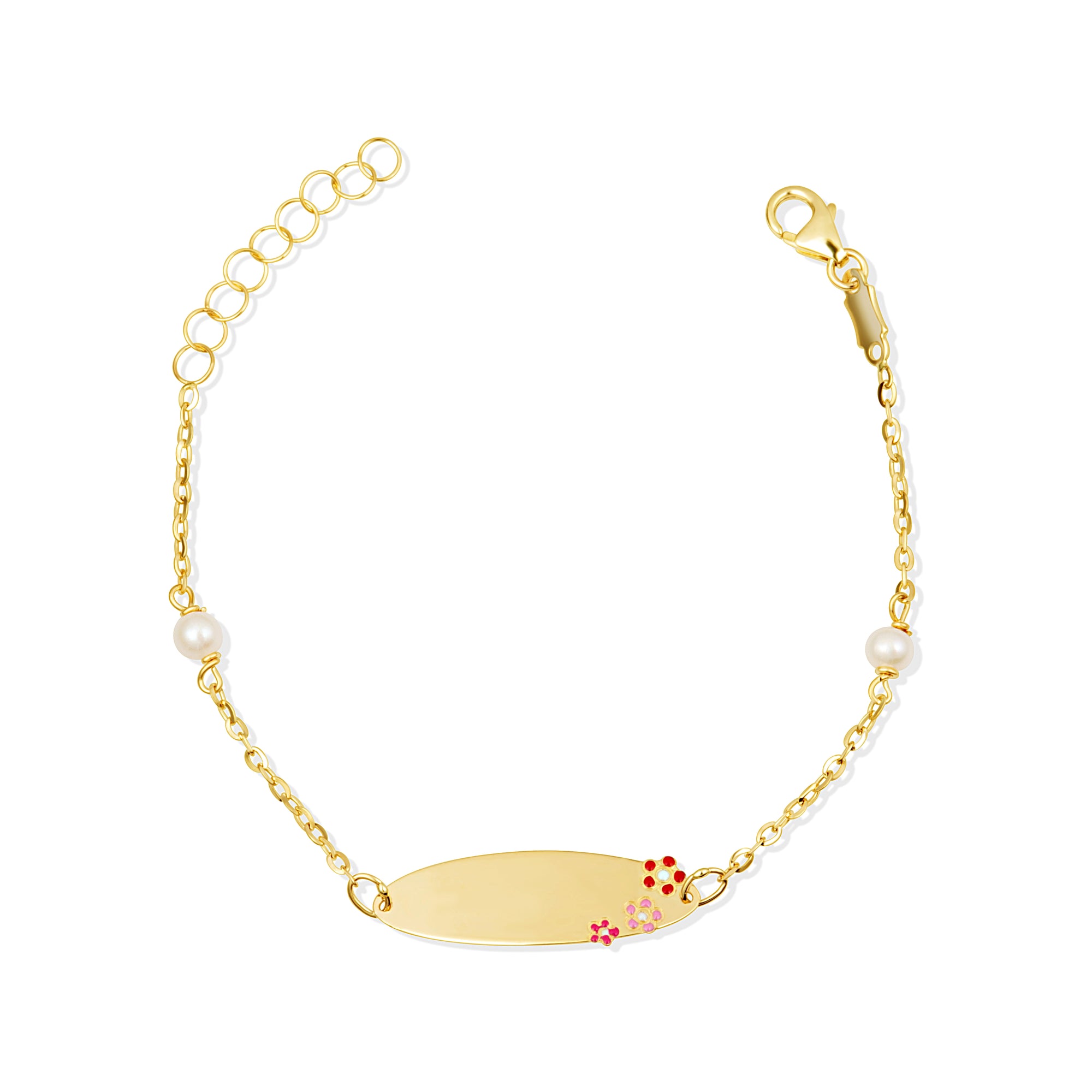 14K Yellow Gold Flower Nameplate Pearl Engravable Baby Bracelet