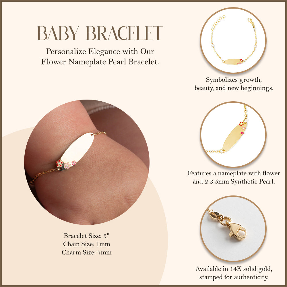 14K Yellow Gold Flower Nameplate Pearl Engravable Baby Bracelet, view 3