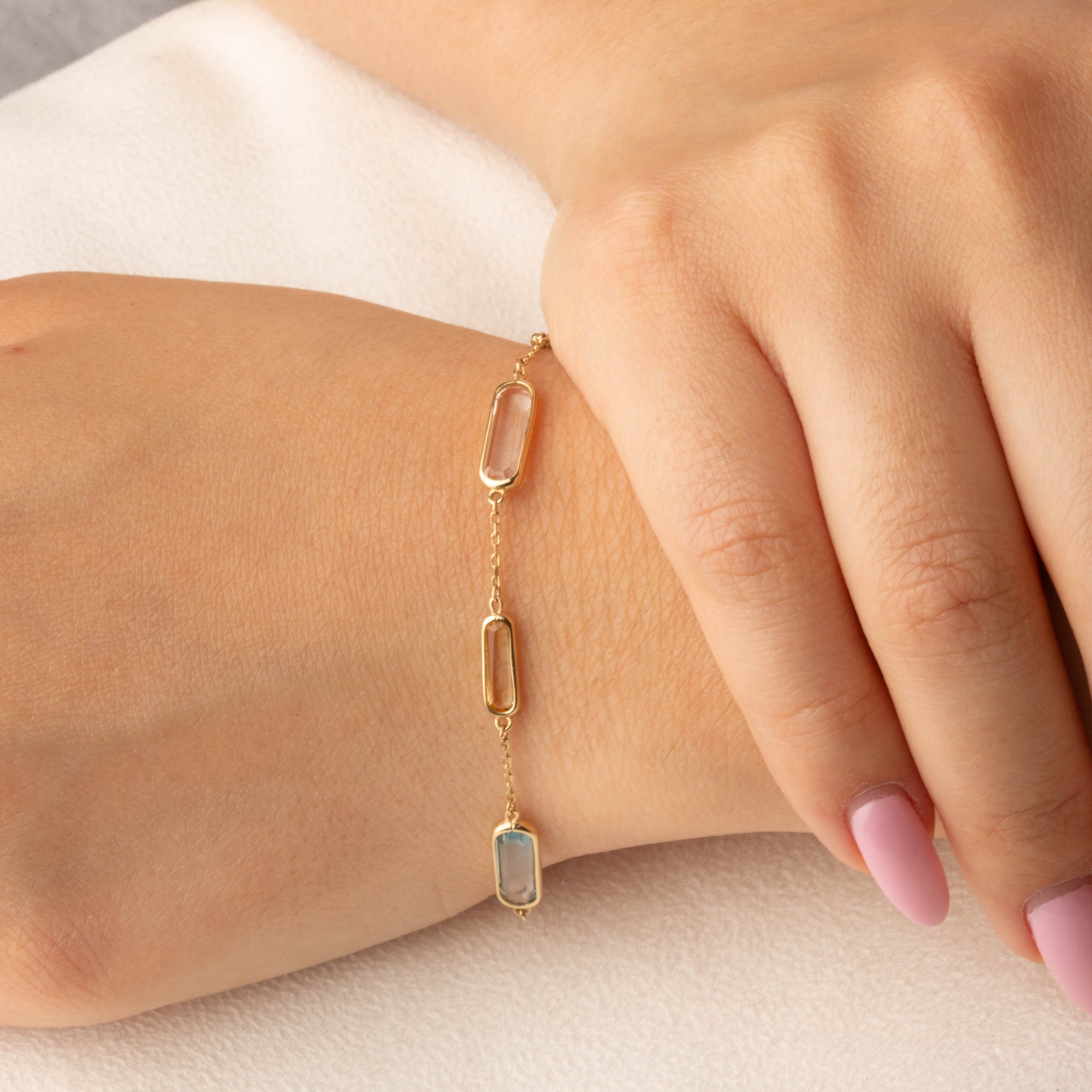 14K Yellow Gold Genuine Gemstone Baguette Cut Link Bracelet, view 2