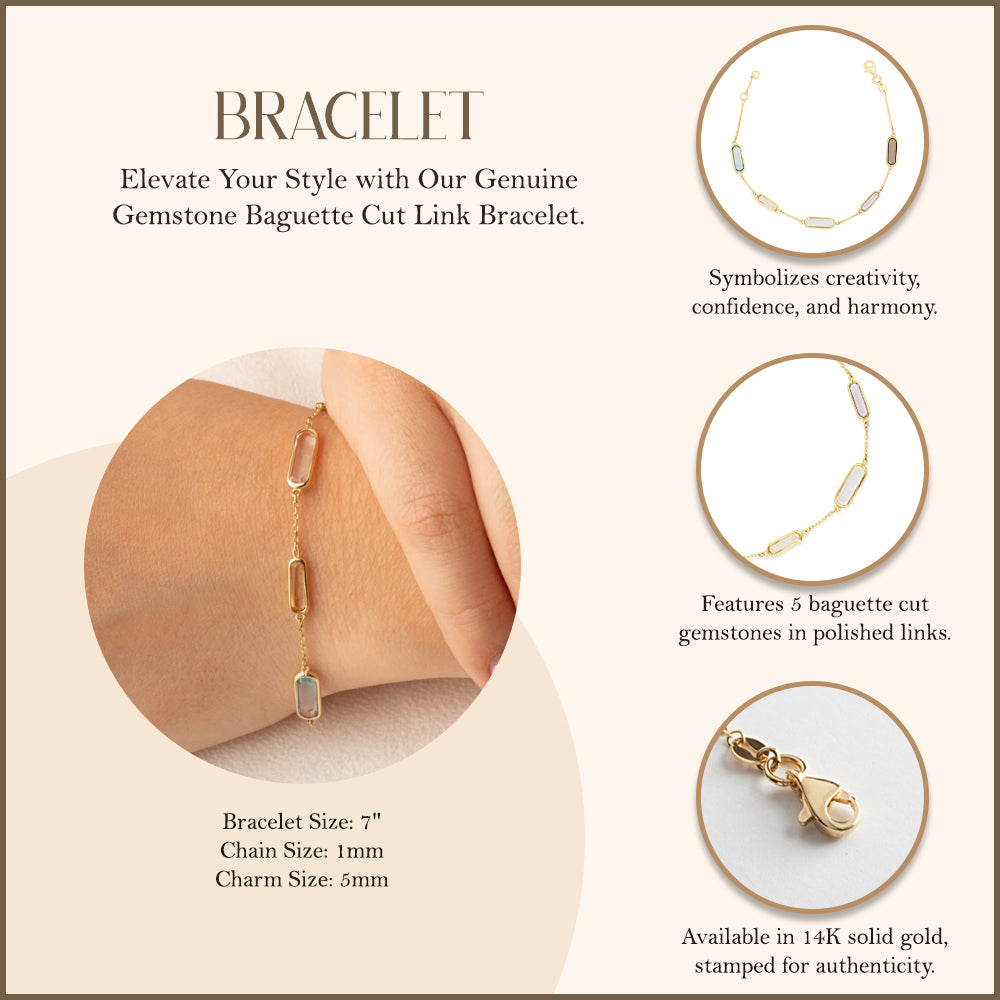 14K Yellow Gold Genuine Gemstone Baguette Cut Link Bracelet, view 3