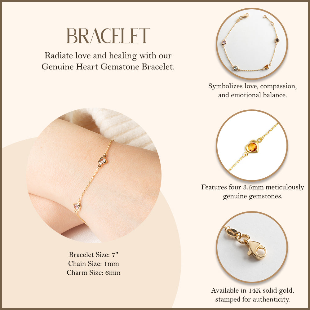 14K Yellow Gold Genuine Heart Gemstone Bracelet 7", view 3