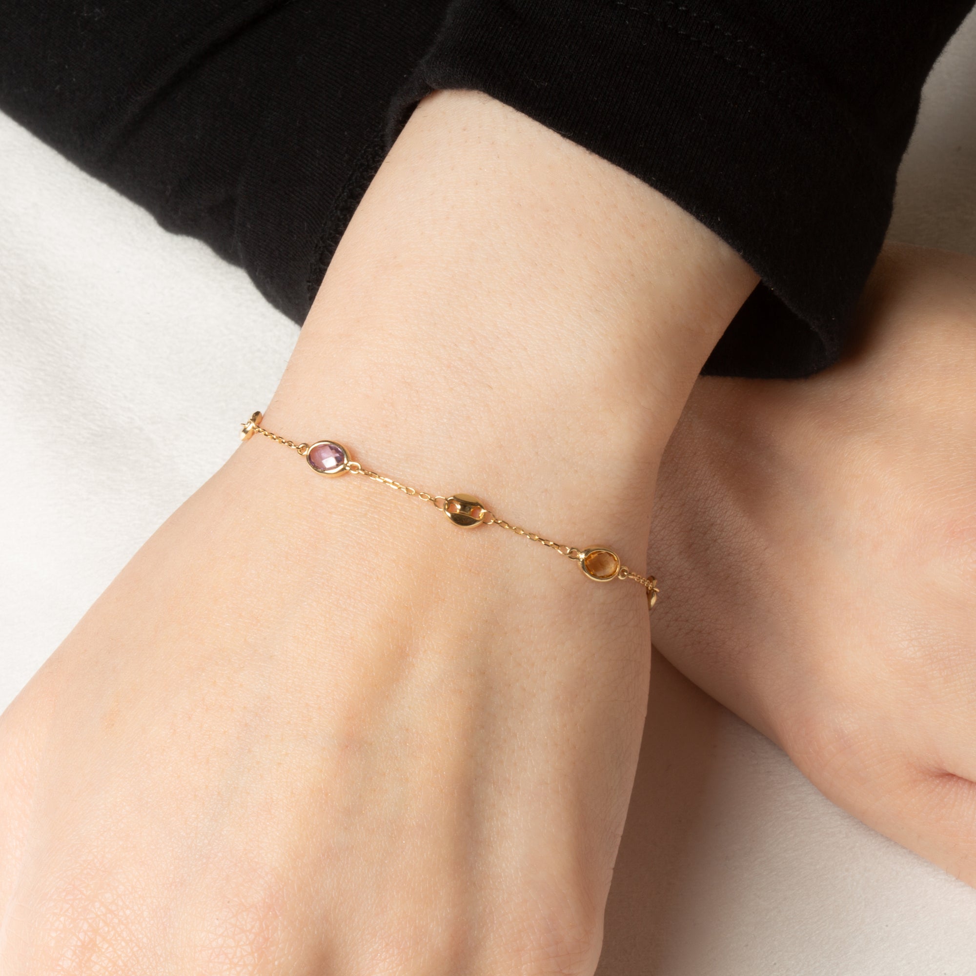 14K Yellow Gold Genuine Oval Gemstone Chain Link Bracelet, view 2