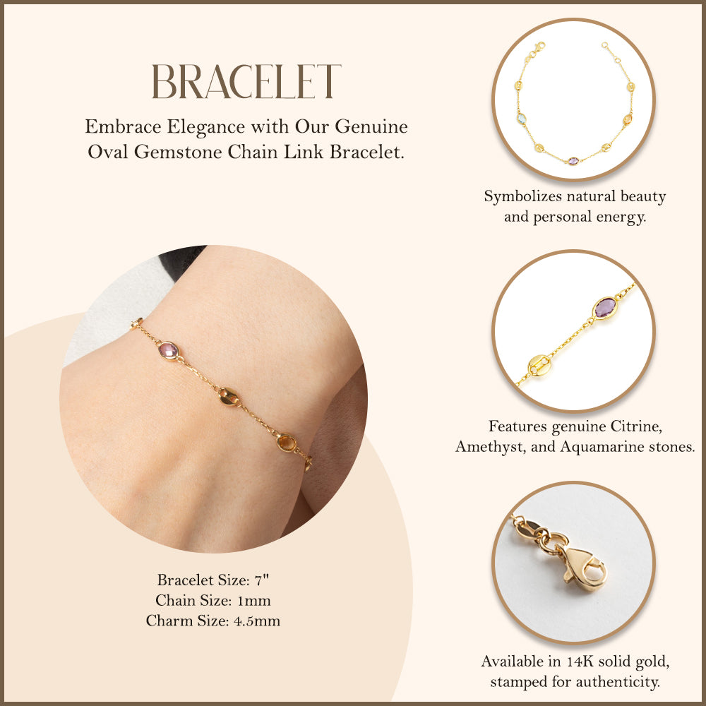 14K Yellow Gold Genuine Oval Gemstone Chain Link Bracelet, view 3