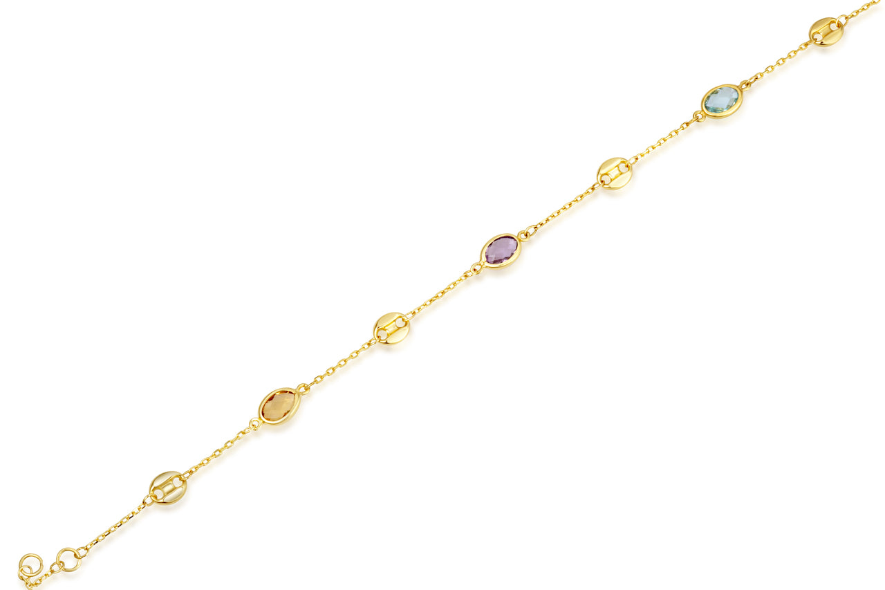 14K Yellow Gold Genuine Oval Gemstone Chain Link Bracelet, view 4